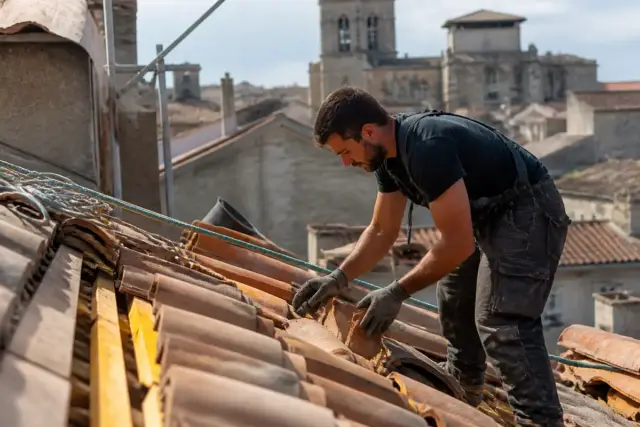 Artisan sur un toit rénovant des tuiles à Aquitaine Travaux Rénovation