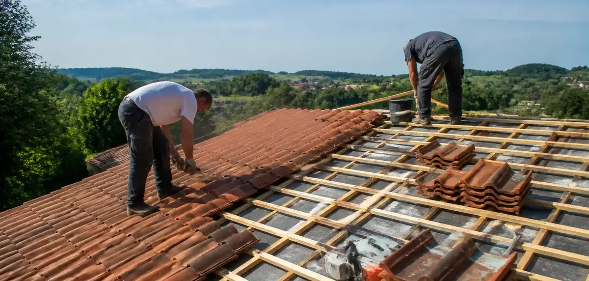 Deux ouvriers réalisent une rénovation de toiture avec aquitainetravauxrenovation.fr dans un paysage verdoyant