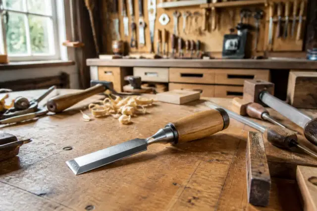 Établi de menuisier avec outils à bois, avis sur savoir-bricoler.fr pour débutants.