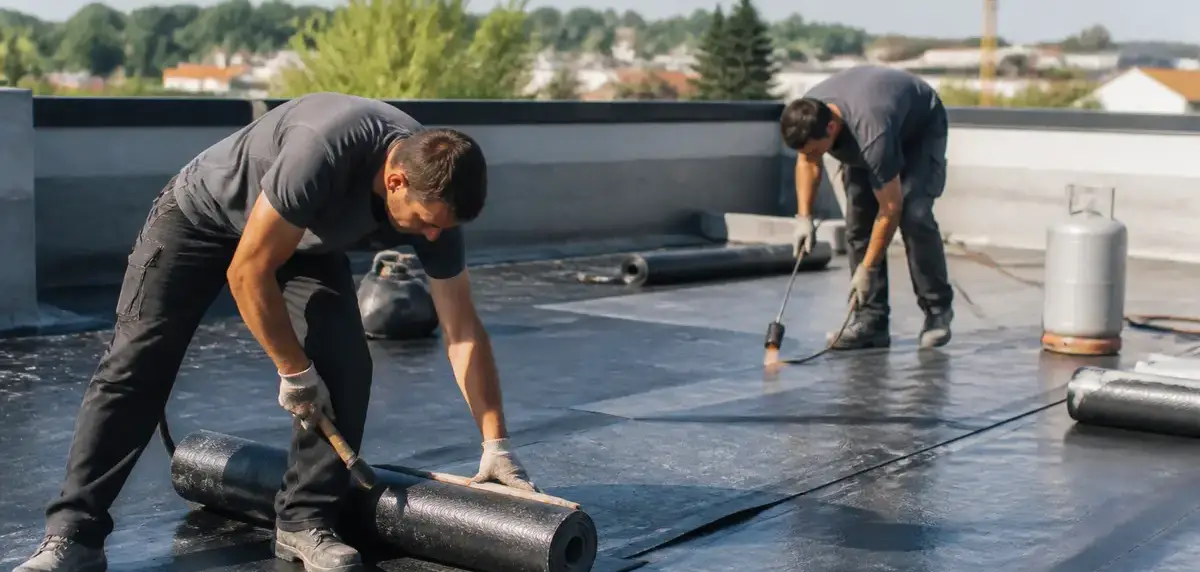 Travailleurs appliquant membrane pour étanchéité de toiture sur chantier avec chantier-facile.fr