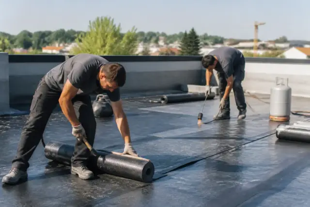 Travailleurs appliquant membrane pour étanchéité de toiture sur chantier avec chantier-facile.fr