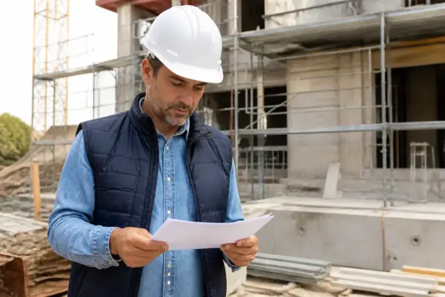 Ingénieur en chantier lisant des plans, assurance décennale sur chantieraccess.fr essentielle