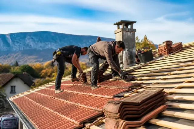 Couvreurs installant des tuiles sur un toit avec chantierhero.fr, services de couverture experts