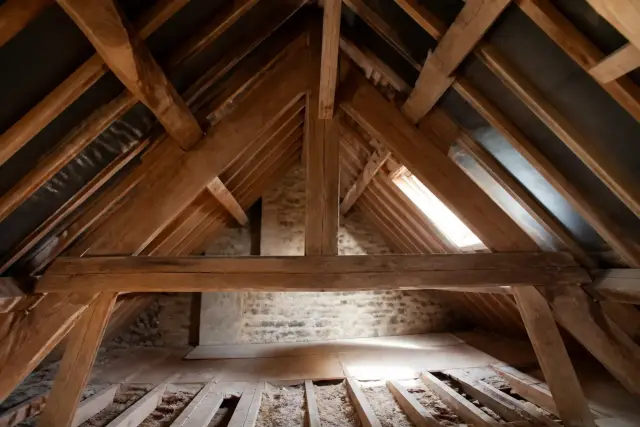 Charpente en bois apparente dans un comble, avec fermes, pannes et chevrons