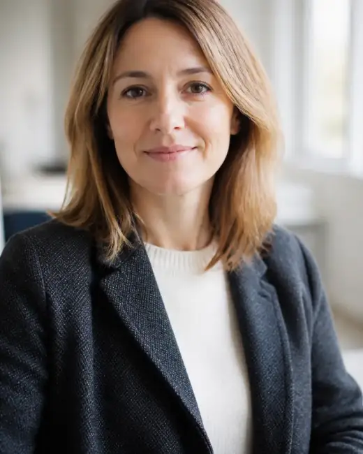 Portrait de Clémence Aubriot, cheveux châtain clair mi-longs, veste de laine gris ardoise sur un pull écru, sourire discret, fond de pièce claire et floue