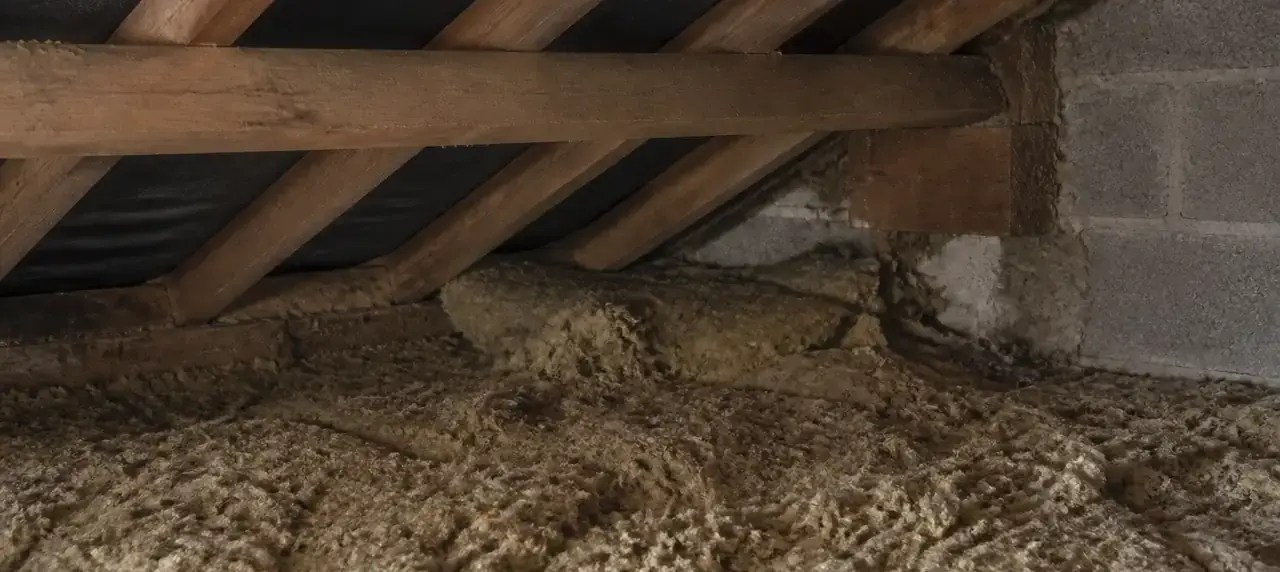 Combles perdus avec laine minérale arrachée et tassée près d’un chevron, lumière d’une lampe torche