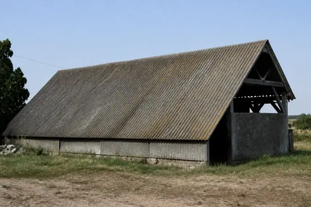 Hangar couvert de plaques ondulées grises anciennes avec lichens, vu depuis le sol à distance