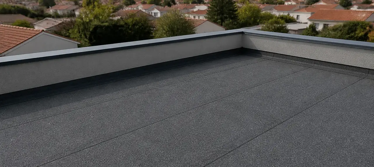 Acrotère en béton au bord d’une toiture-terrasse, avec relevé d’étanchéité et couvertine métallique