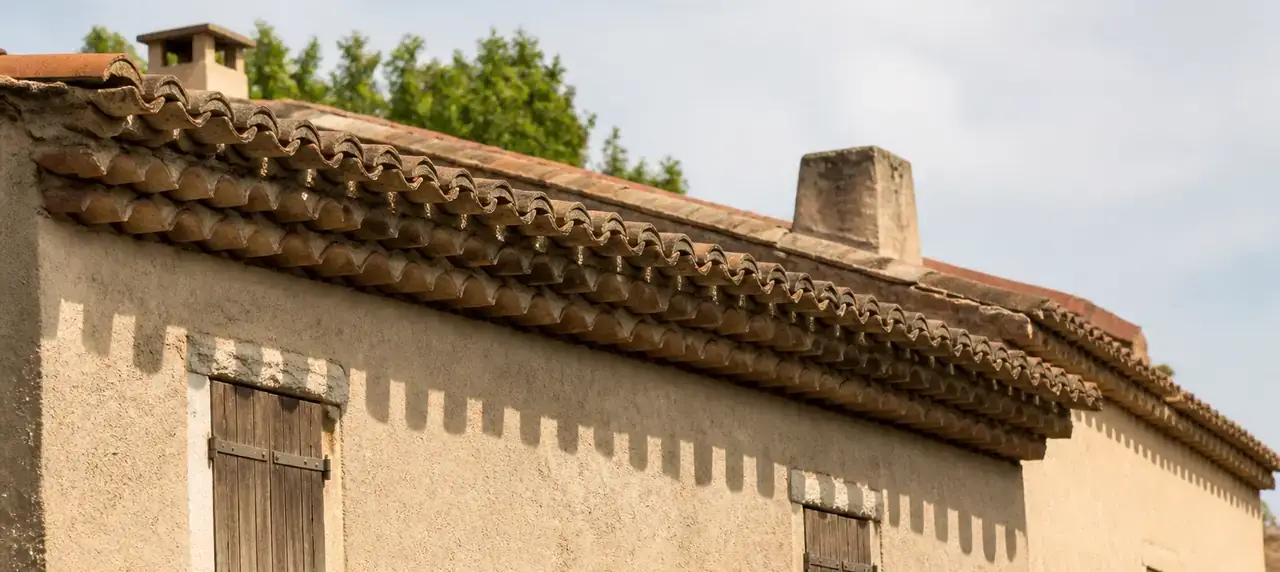Avancée de toit en tuiles canal sur une façade enduite, avec une génoise à plusieurs rangs