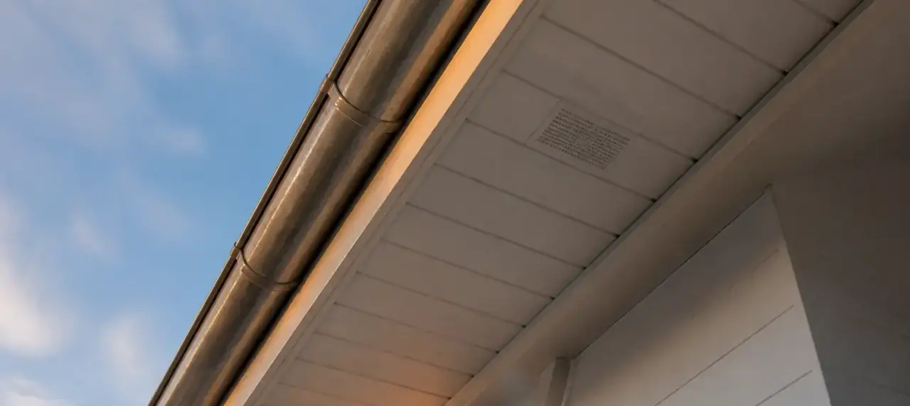 Sous-face d’une avancée de toit habillée de lames de bois peintes, avec une gouttière en bordure