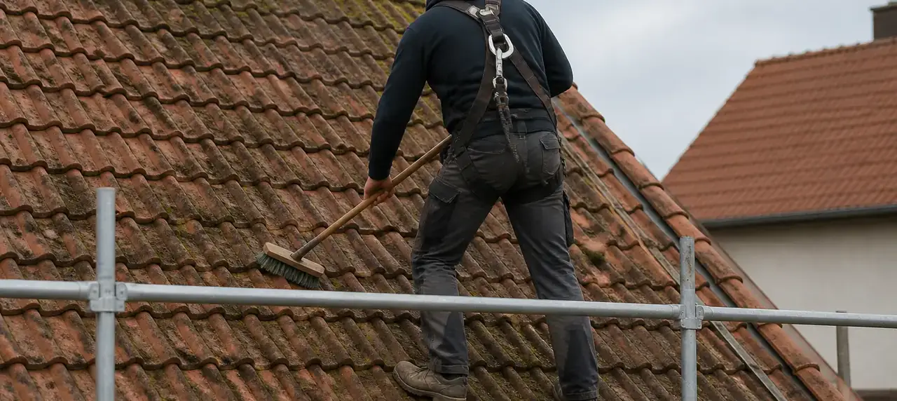 Couvreur harnaché sur un toit de tuiles, brosse à la main, ligne de vie fixée au faîtage