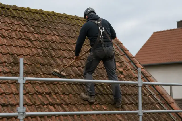 Couvreur harnaché sur un toit de tuiles, brosse à la main, ligne de vie fixée au faîtage