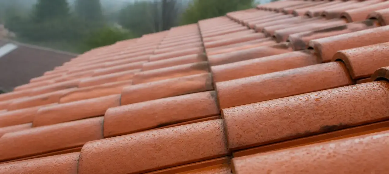 Tuiles en terre cuite propres et sèches après traitement, gouttes de pluie perlant à leur surface