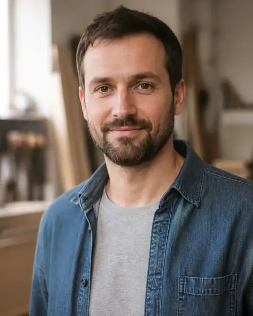 Portrait de Gaspard Lhermite, cheveux bruns courts, barbe courte, chemise en jean sur un tee-shirt gris, sourire discret, fond d’atelier clair et flou