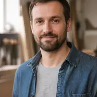 Portrait de Gaspard Lhermite, cheveux bruns courts, barbe courte, chemise en jean sur un tee-shirt gris, sourire discret, fond d’atelier clair et flou