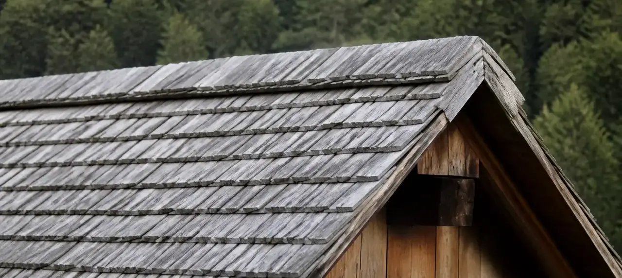 Toit de chalet couvert de bardeaux de mélèze grisés posés en rangs serrés