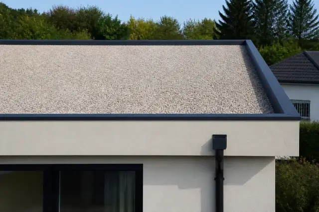 Maison contemporaine à toit plat bordé d’un acrotère, protection en gravillons