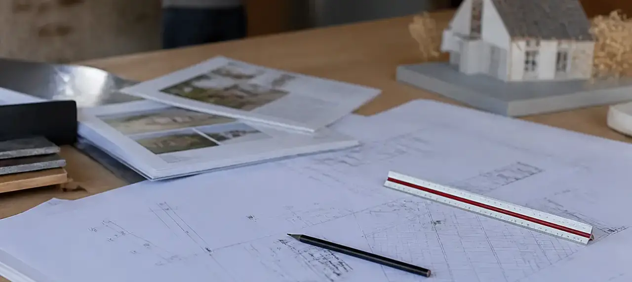 Documents techniques et fiches de chantier posés sur une table, avec un crayon et une règle graduée