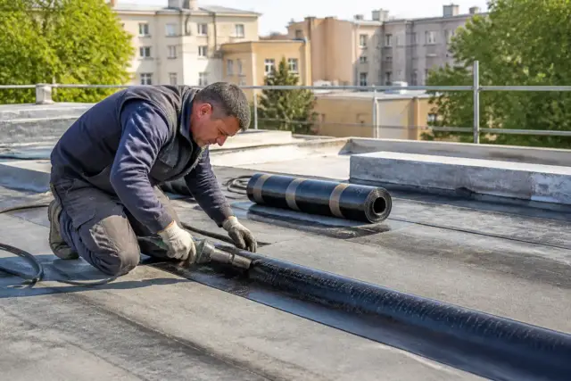 Artisan appliquant étanchéité sur toit plat, service proposé par Proxichantier.fr étanchéité professionnelle.