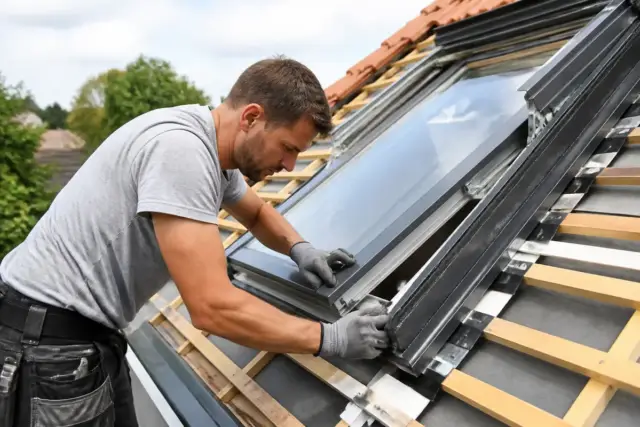 Artisan installant une fenêtre de toit en PVC posée par Proxichantier sur toiture rénovée