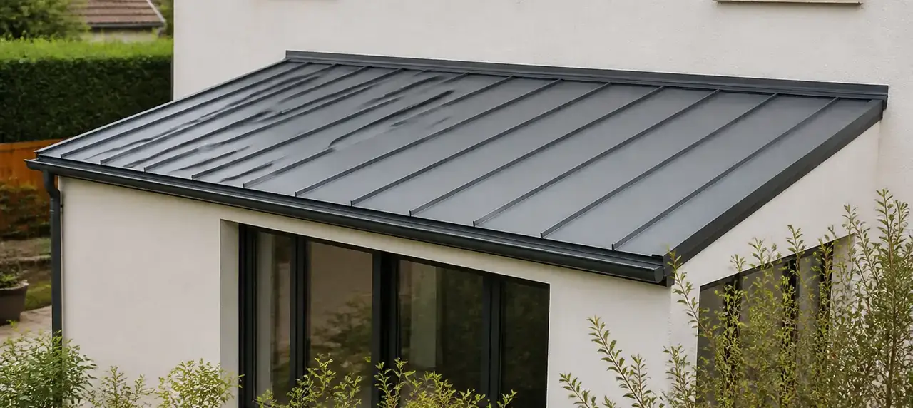 Extension à toit monopente adossée à une maison, couverture métallique et gouttière unique