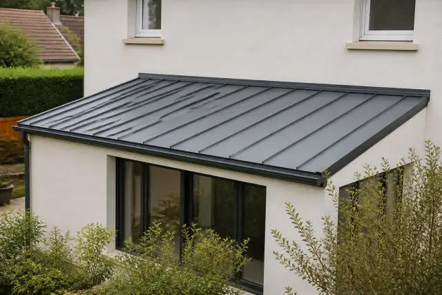 Extension à toit monopente adossée à une maison, couverture métallique et gouttière unique