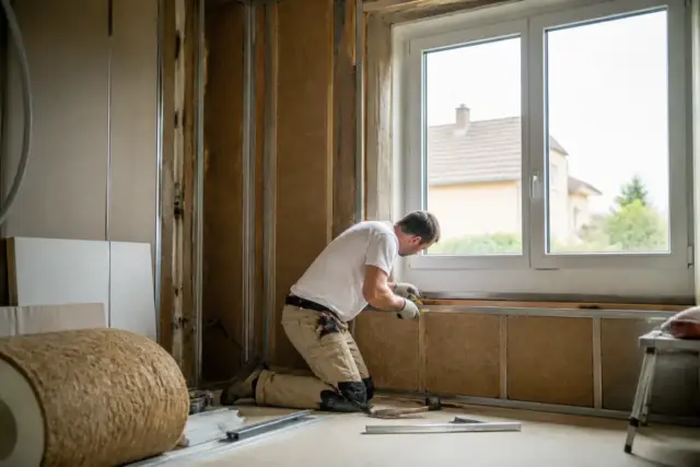 Travailleur isolant un mur pour améliorer le confort thermique avec tousrenov.be